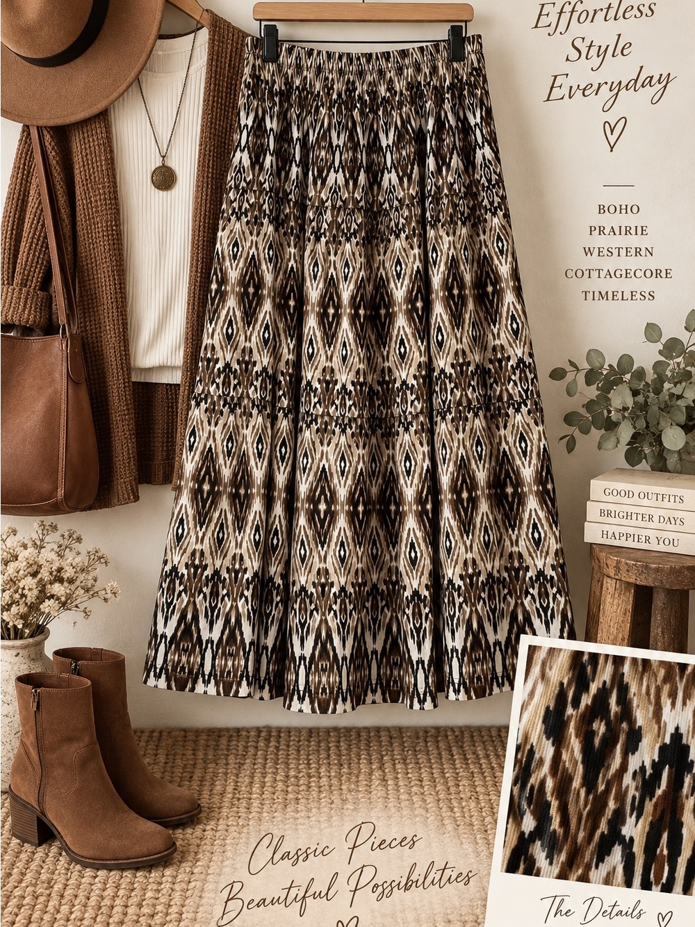 Bon Worth Brown Black Cream Ikat-Print Maxi Skirt